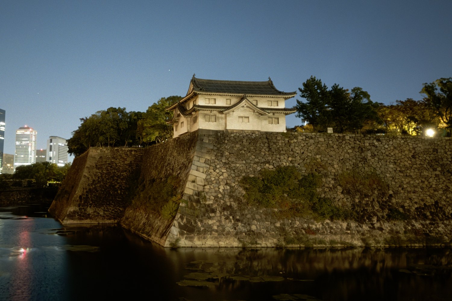 The same frame developed through the Cinnabar 50 profile: the lit walls and the towers bloom into the dark around them.