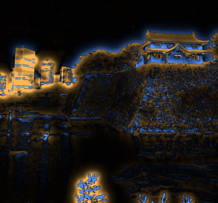 A false-colour field showing only the returning light in one photograph: warm outlines tracing every bright edge of a castle at night.