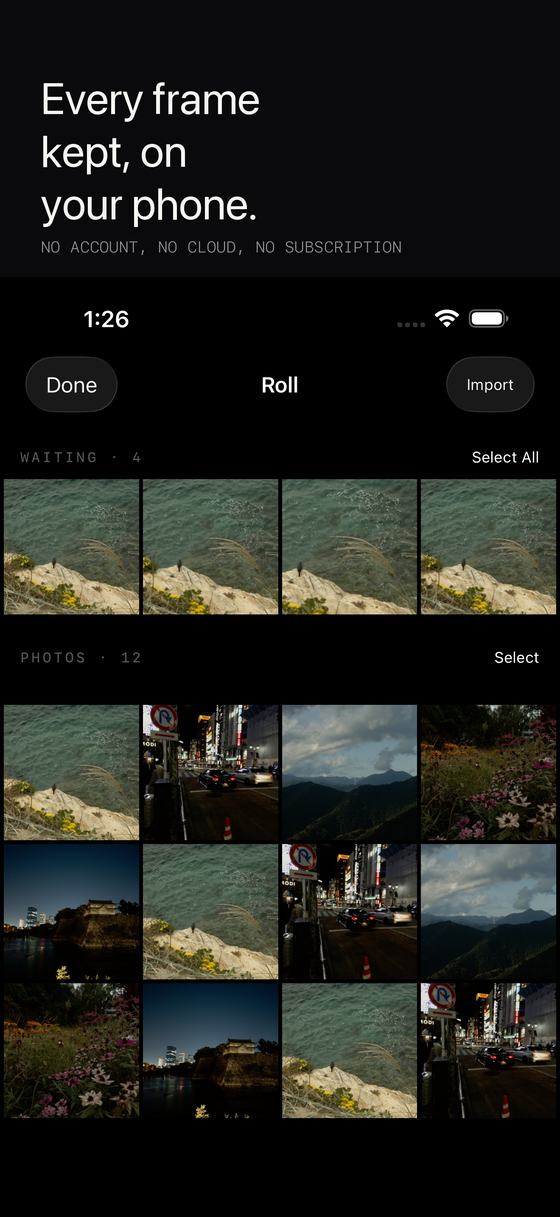 The roll: frames waiting to develop above a grid of finished photographs.