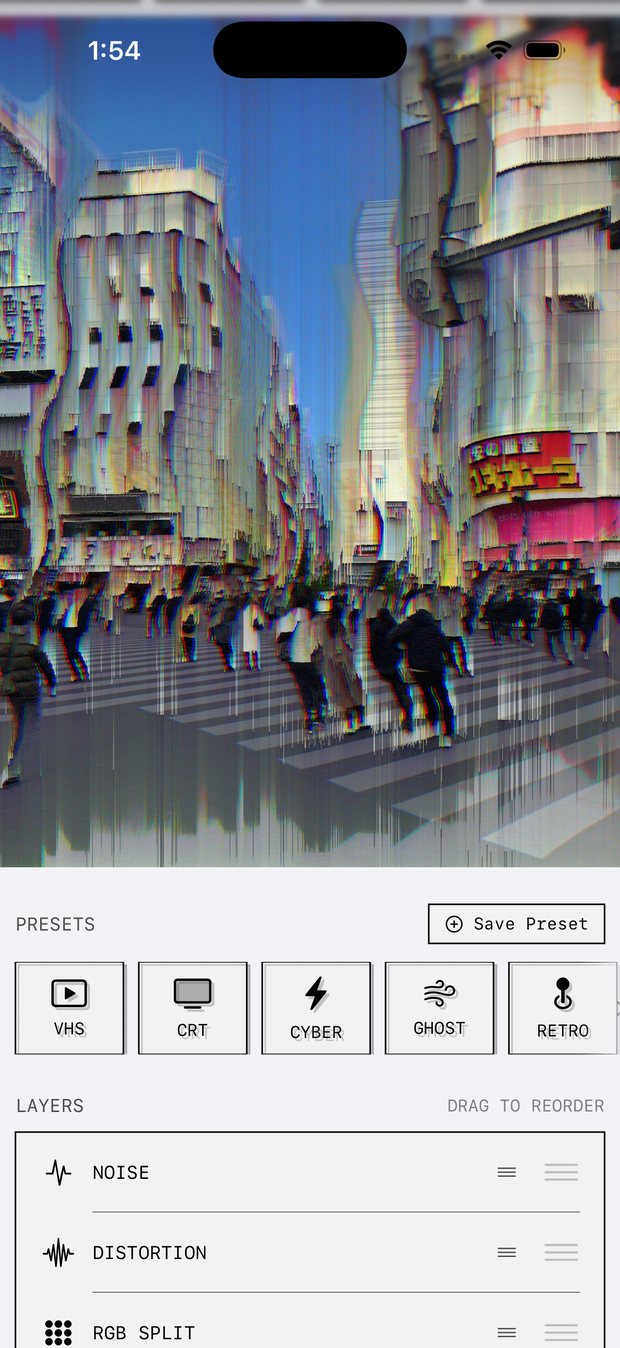 A melted pixel-sorted crossing on the canvas with four effects stacked below it.