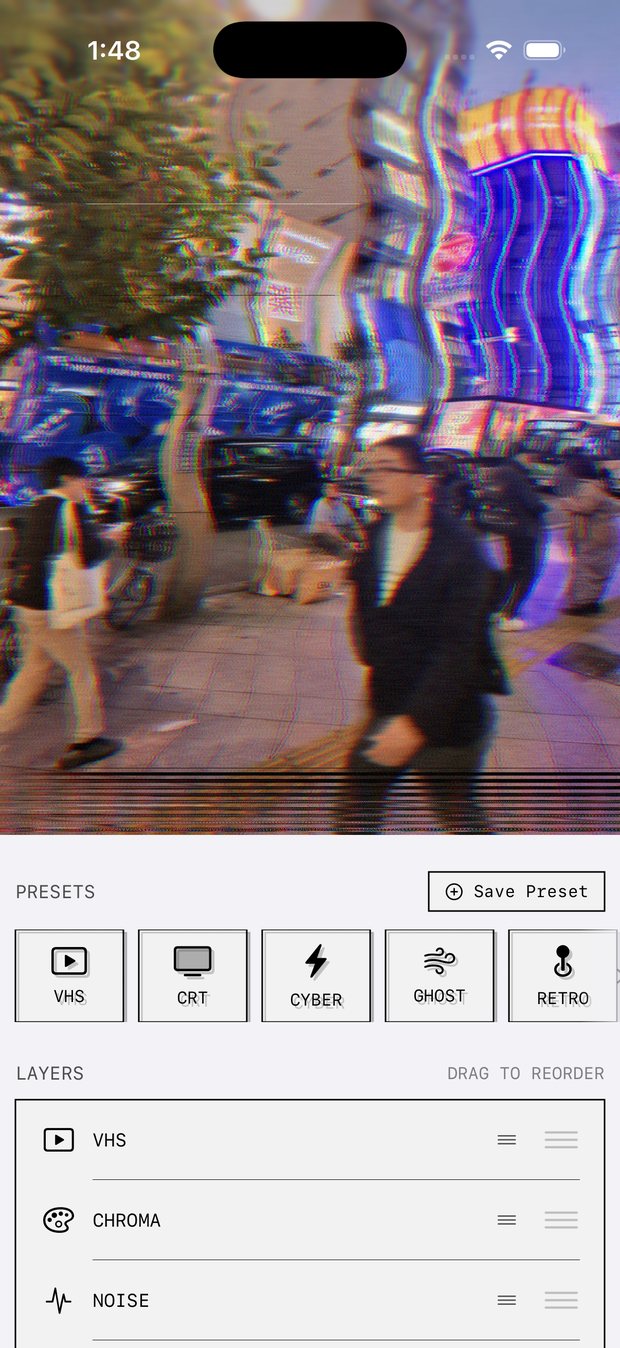 MODUL8 running on iPhone: the glitched canvas at the top, a row of preset buttons, and the layer list showing Noise, Distortion and RGB Split.
